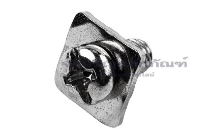 [E] น็อตยึดสายไฟ สแตนเลสชุบนิกเกิ้ล M6x12 mm พร้อมแหวนทรงสี่เหลี่ยม ขนาด 14x14 mm